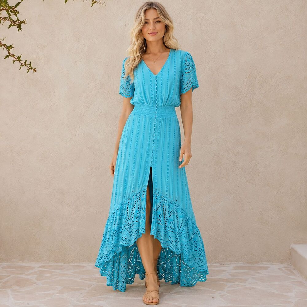 Young Fabulous & Broke YFB Costa Maxi Dress M Turquoise Eyelet High Low Boho NWT